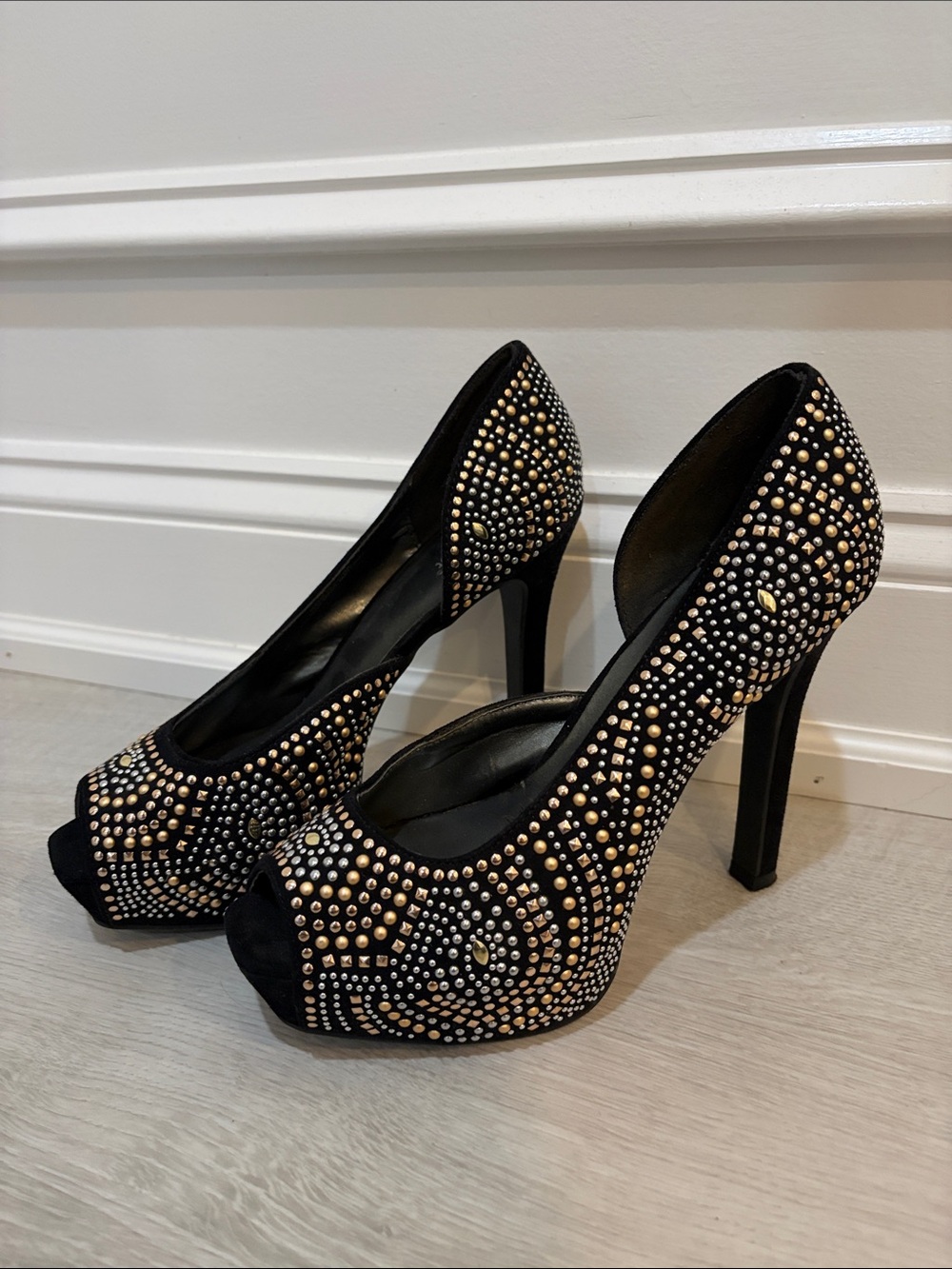 Limelight Black Peep-Toe Studded High Heels